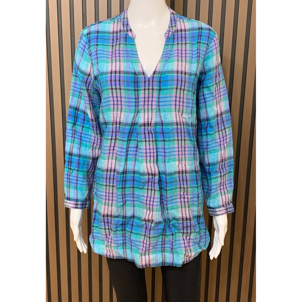 LL Bean Women's Medium 100% Linen Tunic Shirt Blue Green Purple Plaid V-Neck